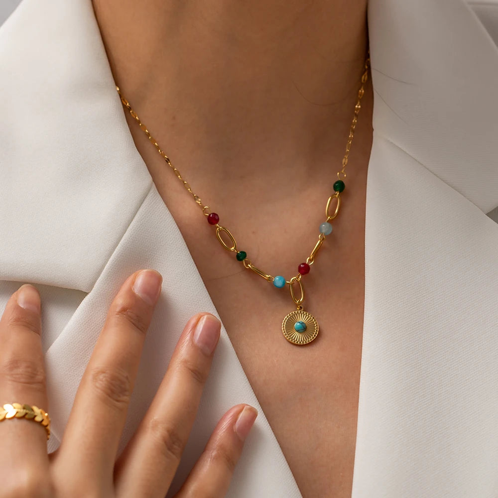Aventurine Sun Pendant Necklace — Stainless Steel · PS279