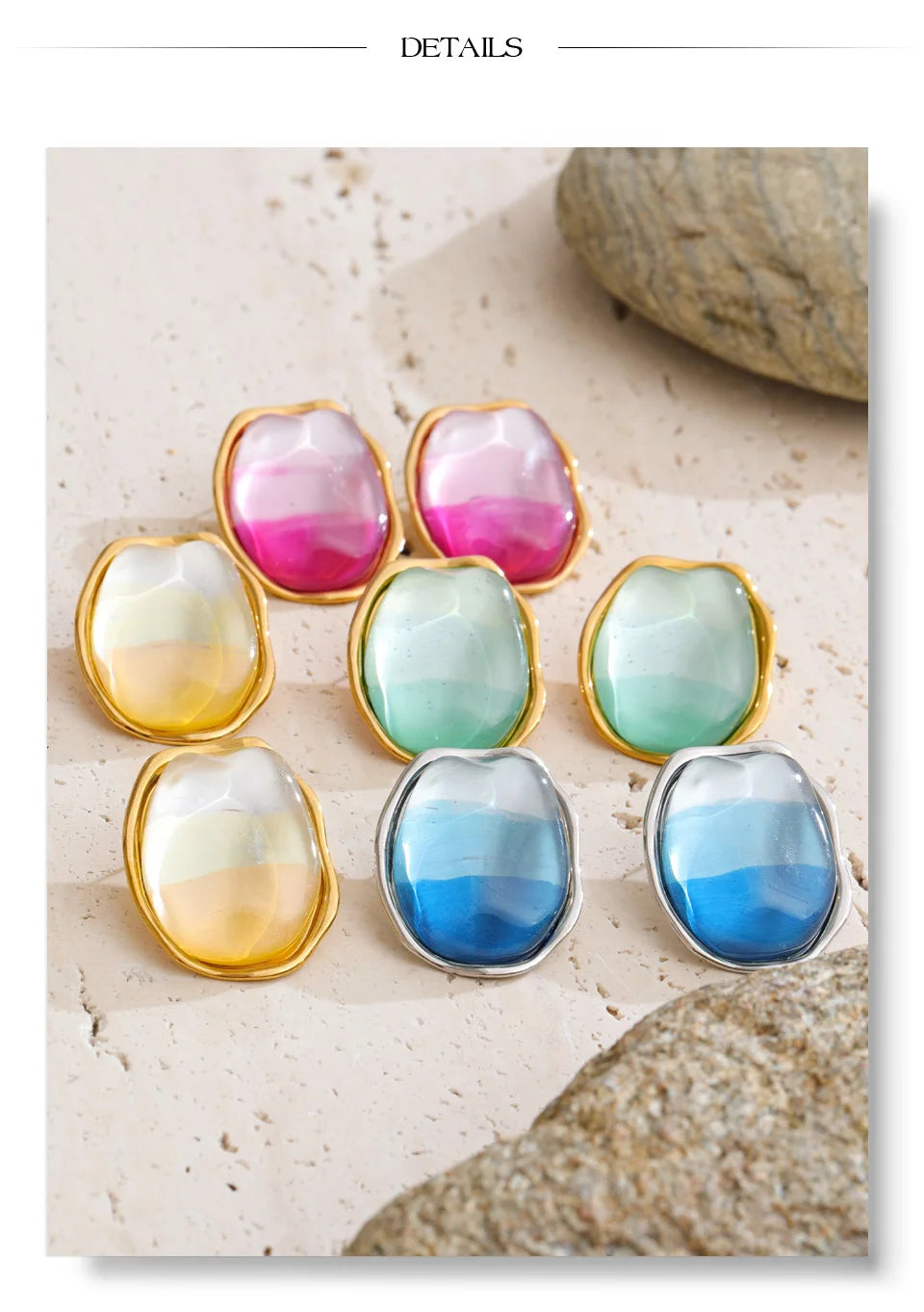 Resin multi-color geometric earrings in gold-plated stainless steel with resin.