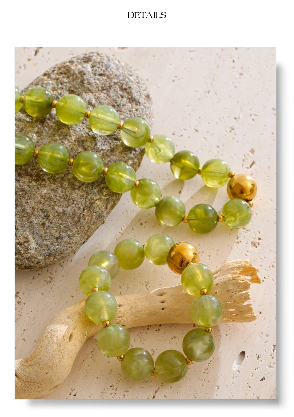 Resin beaded multi-color necklace in gold-plated stainless steel with resin.