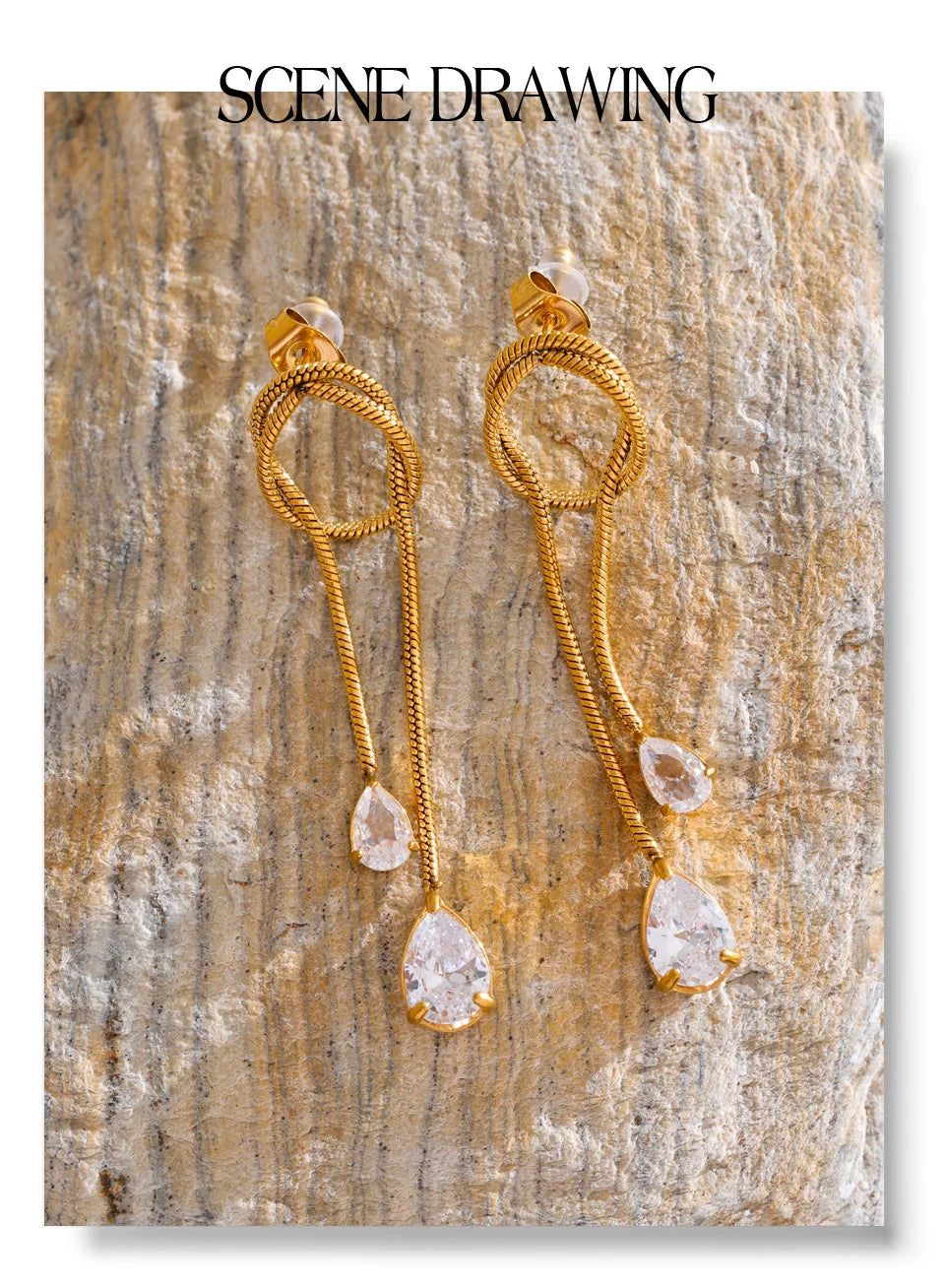 Cubic Zirconia Geometric Chain Earrings — Gold-Plated Stainless Steel with Cubic Zirconia · PS1608