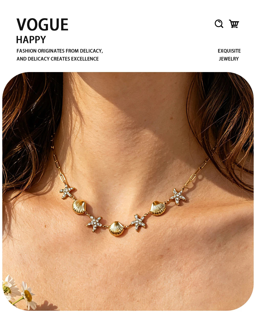 Necklace Starfish Shell Choker Beach Vacation — 316L Stainless Steel · PS398
