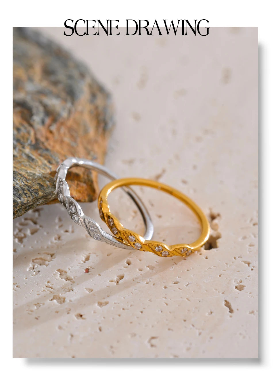 Cubic zirconia geometric ring in gold-plated stainless steel with cubic zirconia.