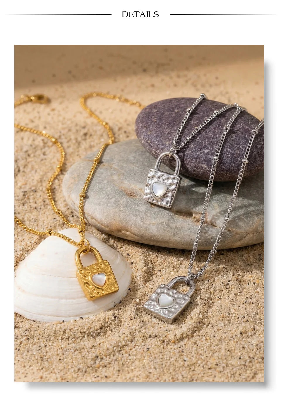 Shell heart geometric necklace in gold-plated stainless steel with shell.