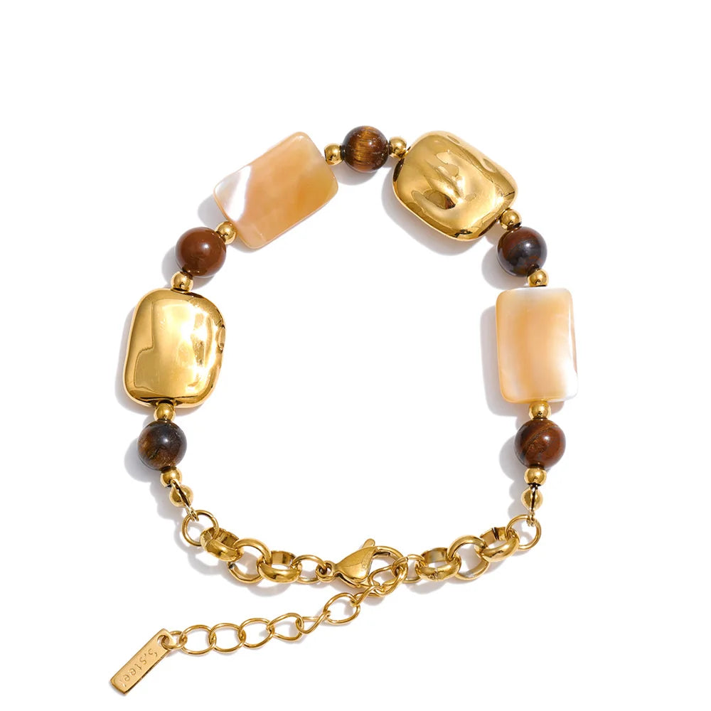 Shell Natural Stone Geometric Bracelet — Gold-Plated Stainless Steel with Natural Stone and Shell · PS1170