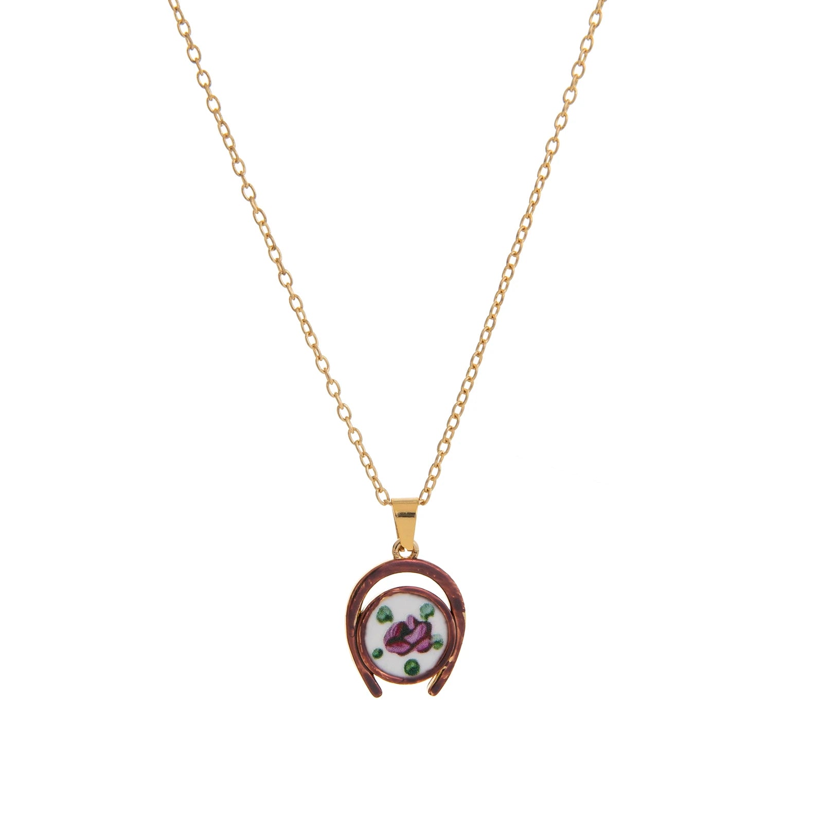 Retro printed oval heart-shaped necklace, women's colorful bohemian style jewelry, gold-plated