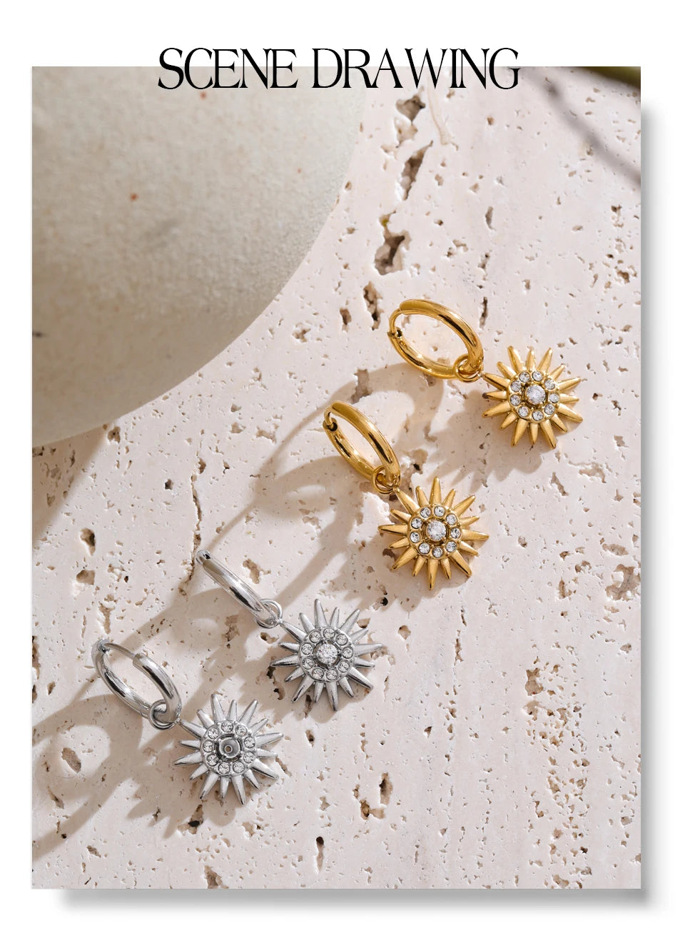 Cubic zirconia sun geometric earrings in gold-plated stainless steel with cubic zirconia.