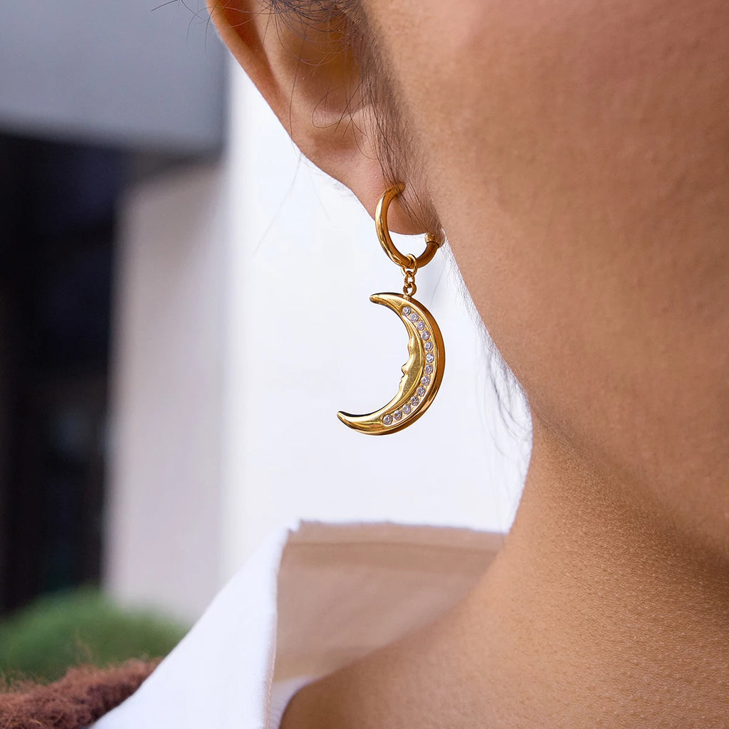 Crescent Moon Drop Earrings — Stainless Steel · PS074