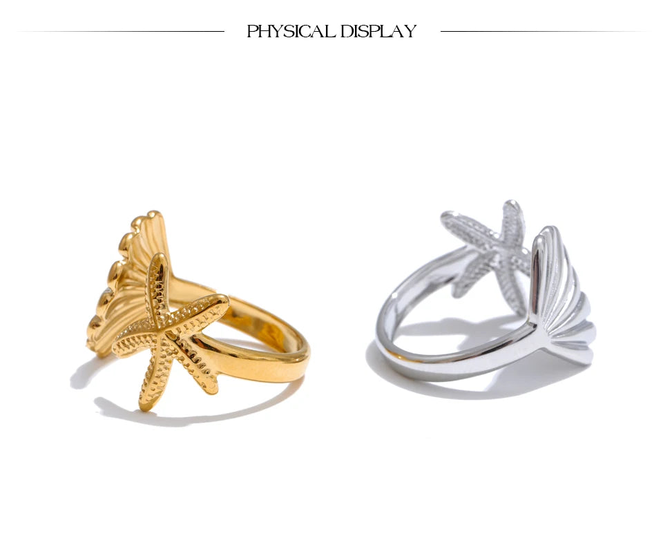 Shell star geometric ring in gold-plated stainless steel with shell.