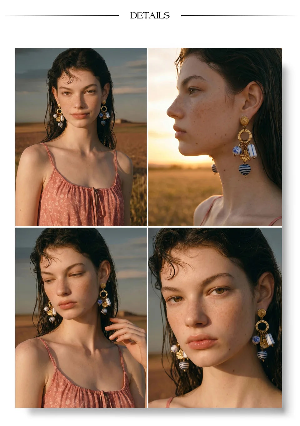Blue heart flower earrings in gold-plated stainless steel.