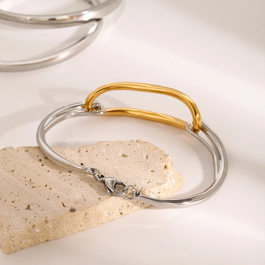 Two-Tone Oval Link Cuff Bracelet — Stainless Steel · PS043