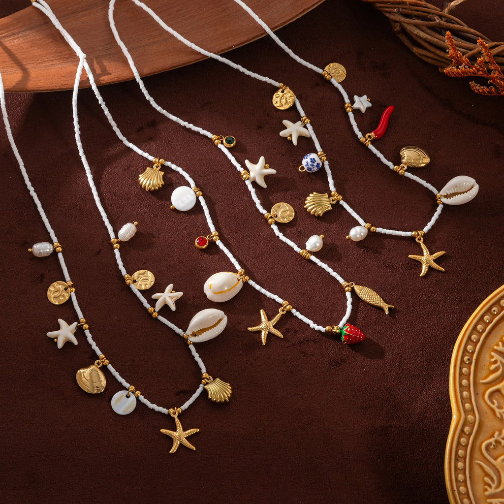 Bohemian Beach Shell Necklace Imitation Pearl Sea Star Conch Pendant Necklace Jewelry Gold Plated