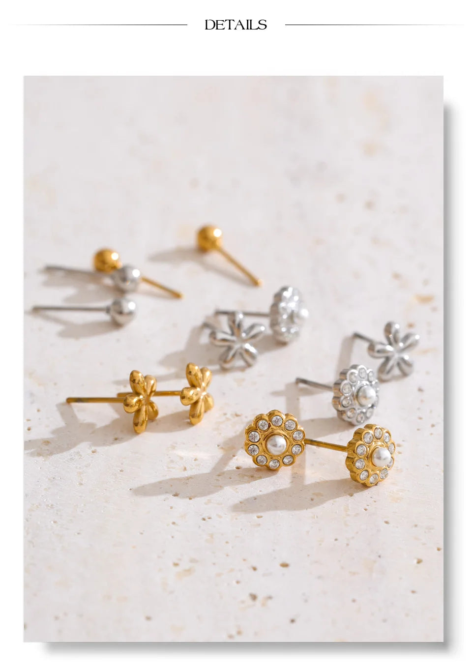 Cubic zirconia flower earrings in gold-plated stainless steel with cubic zirconia.