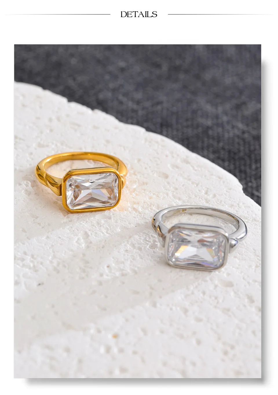 Cubic zirconia geometric ring in 18K gold-plated stainless steel with cubic zirconia.