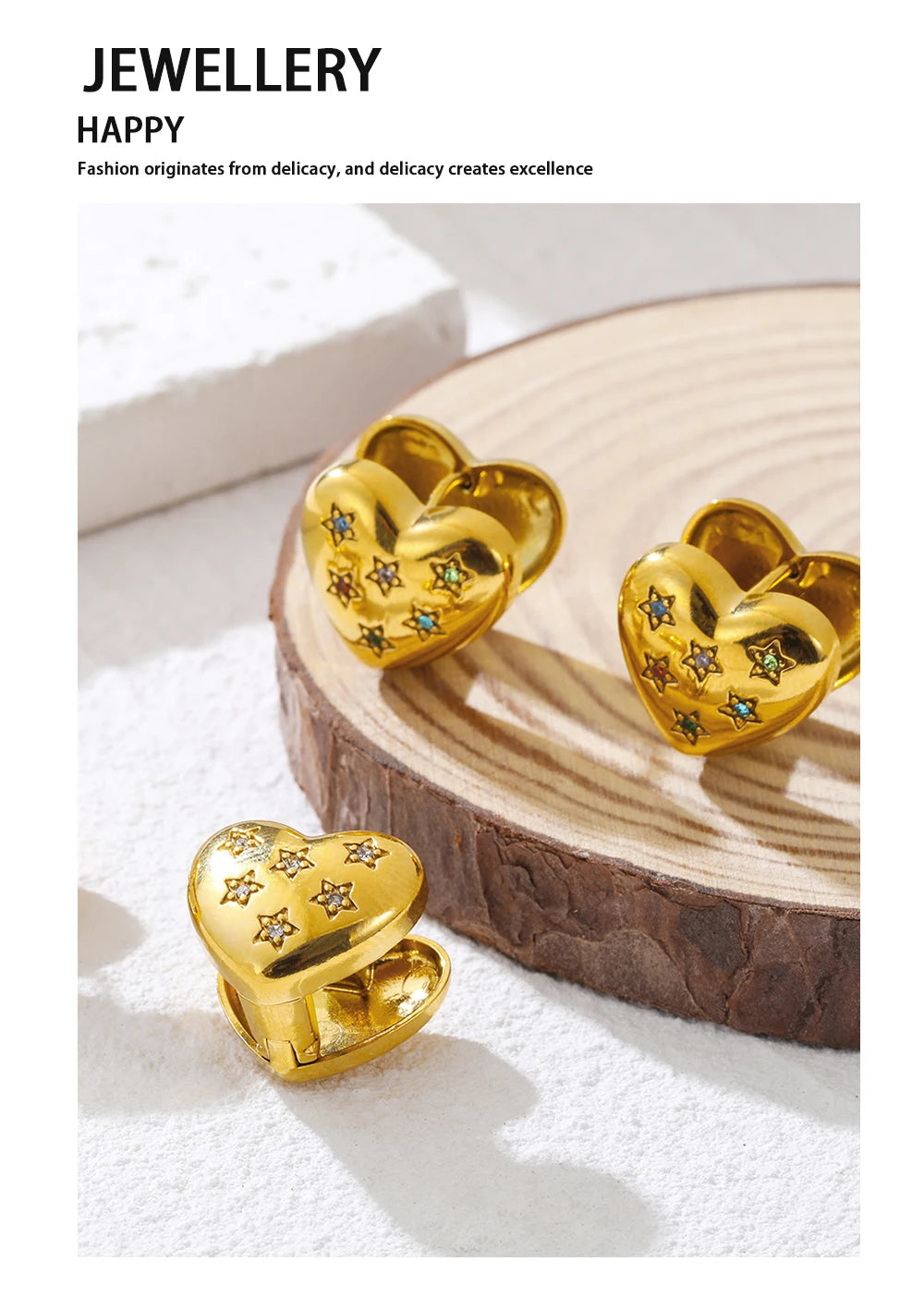 Heart Star Crystal Ear Buckle Earrings — 316L Stainless Steel · PS392