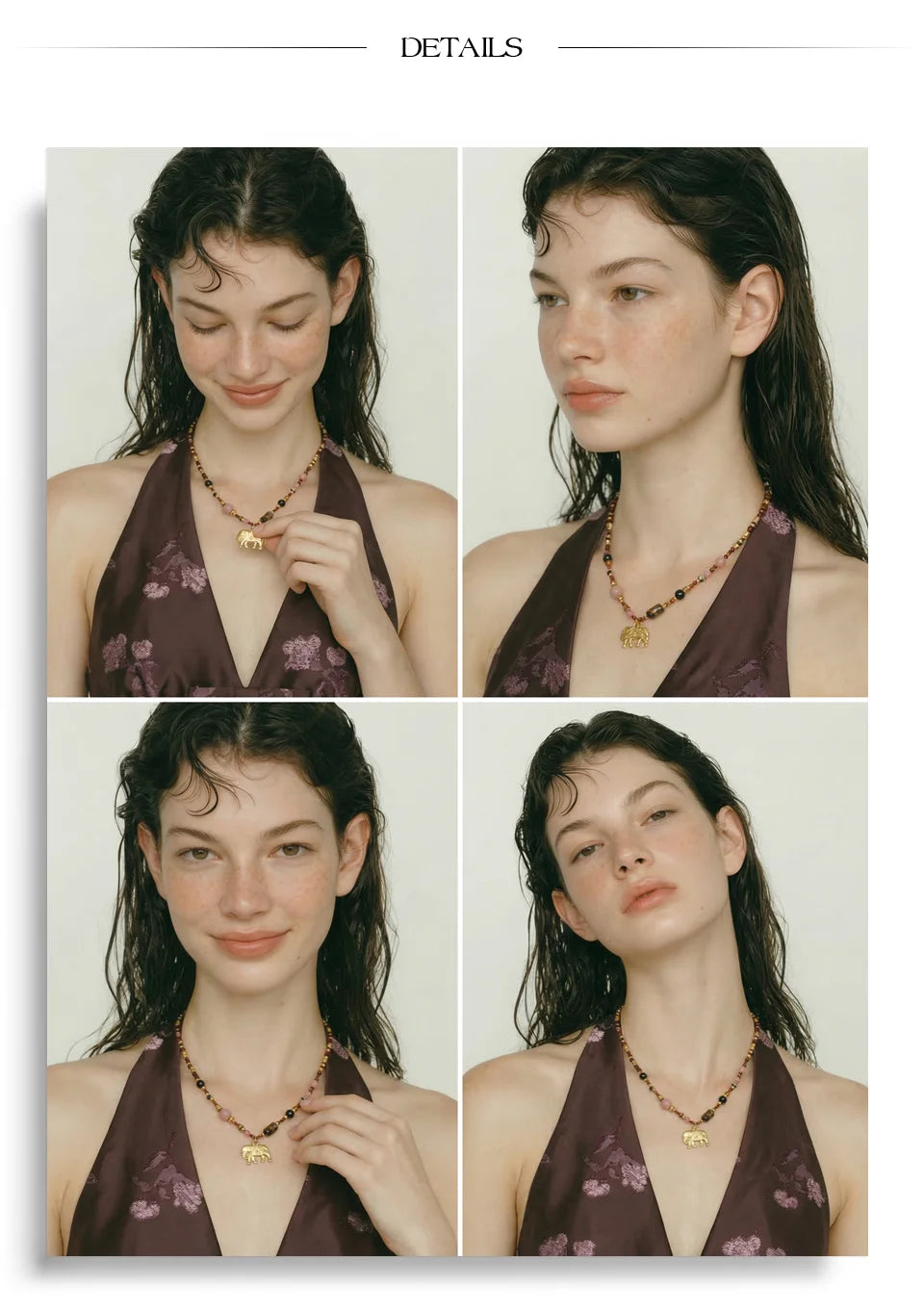 Natural stone beaded chain necklace in gold-plated stainless steel with natural stone.