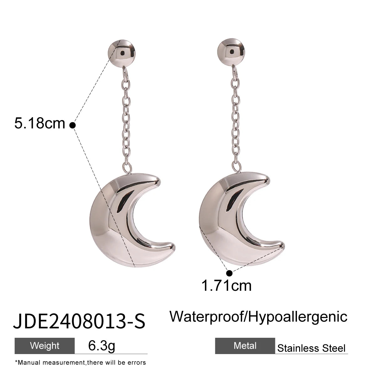 Crescent Moon Chain Earrings — Stainless Steel · PS075