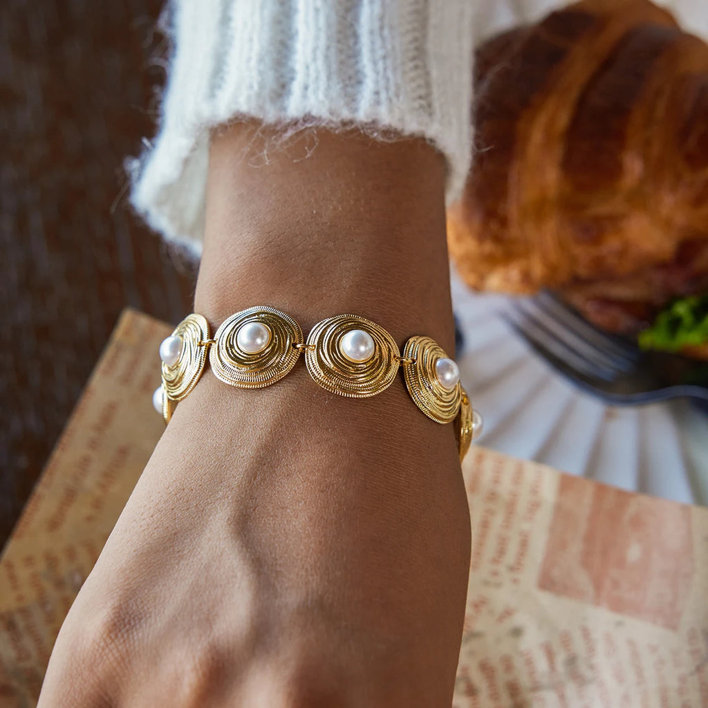 Swirl Pearl Cuff Bracelet — Stainless Steel · PS028