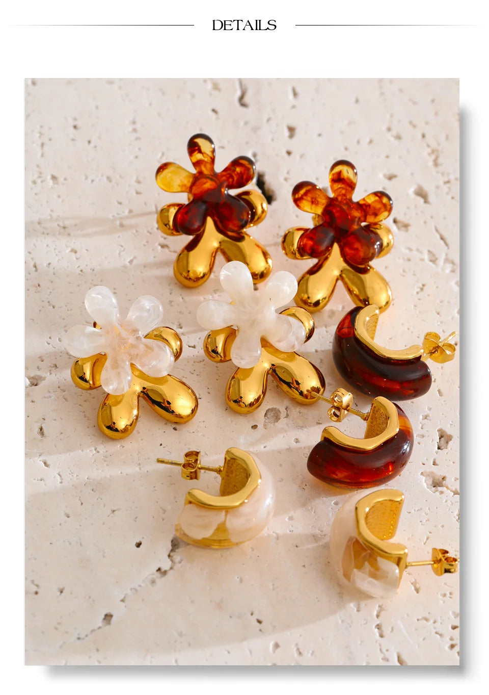 Resin multi-color geometric earrings in gold-plated stainless steel with resin.