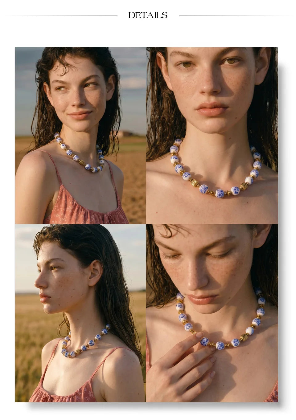Blue flower beaded necklace in gold-plated stainless steel.