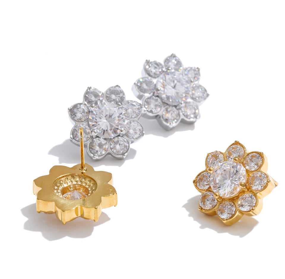 Cubic Zirconia Flower Earrings — Gold-Plated Stainless Steel with Cubic Zirconia · PS1570
