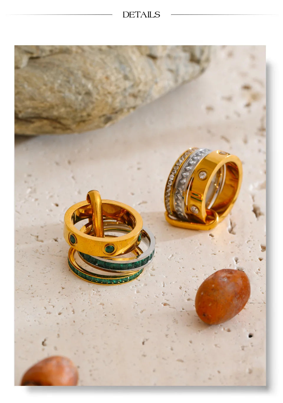 White cubic zirconia geometric ring in 18K gold-plated stainless steel with cubic zirconia.