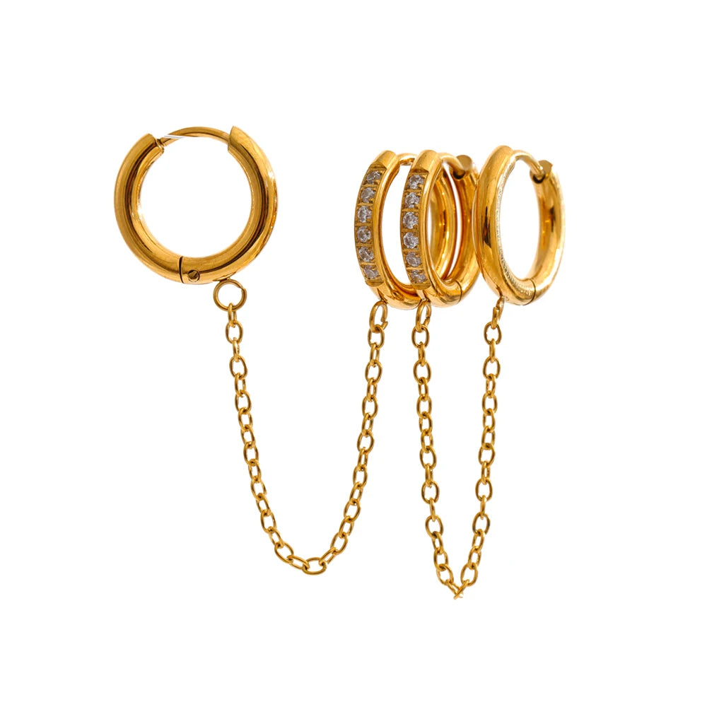 Cubic Zirconia Geometric Chain Earrings — Gold-Plated Stainless Steel with Cubic Zirconia · PS1462