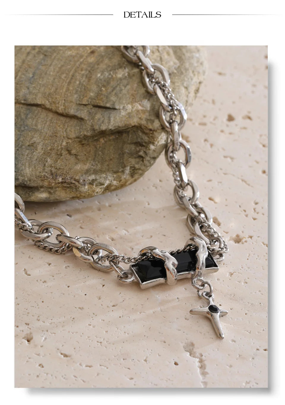 Crystal natural stone cross necklace in gold-plated stainless steel with natural stone and crystal.