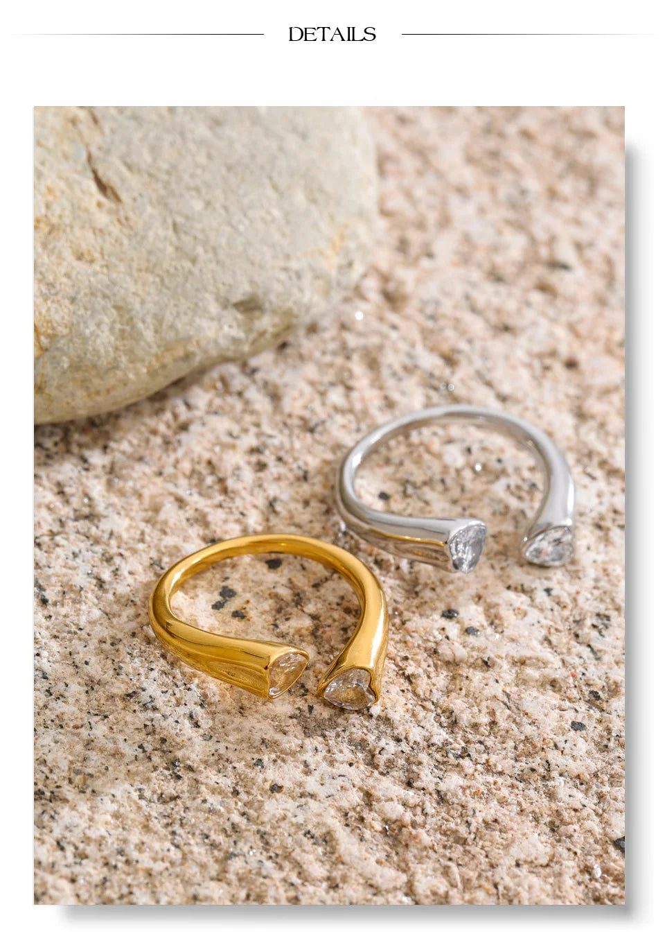 Cubic zirconia heart ring in 18K gold-plated stainless steel with cubic zirconia.