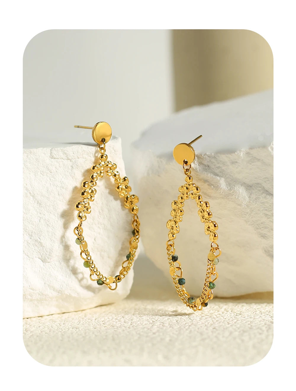Natural Stone Chain Dangle Earrings — 316L Stainless Steel · PS479