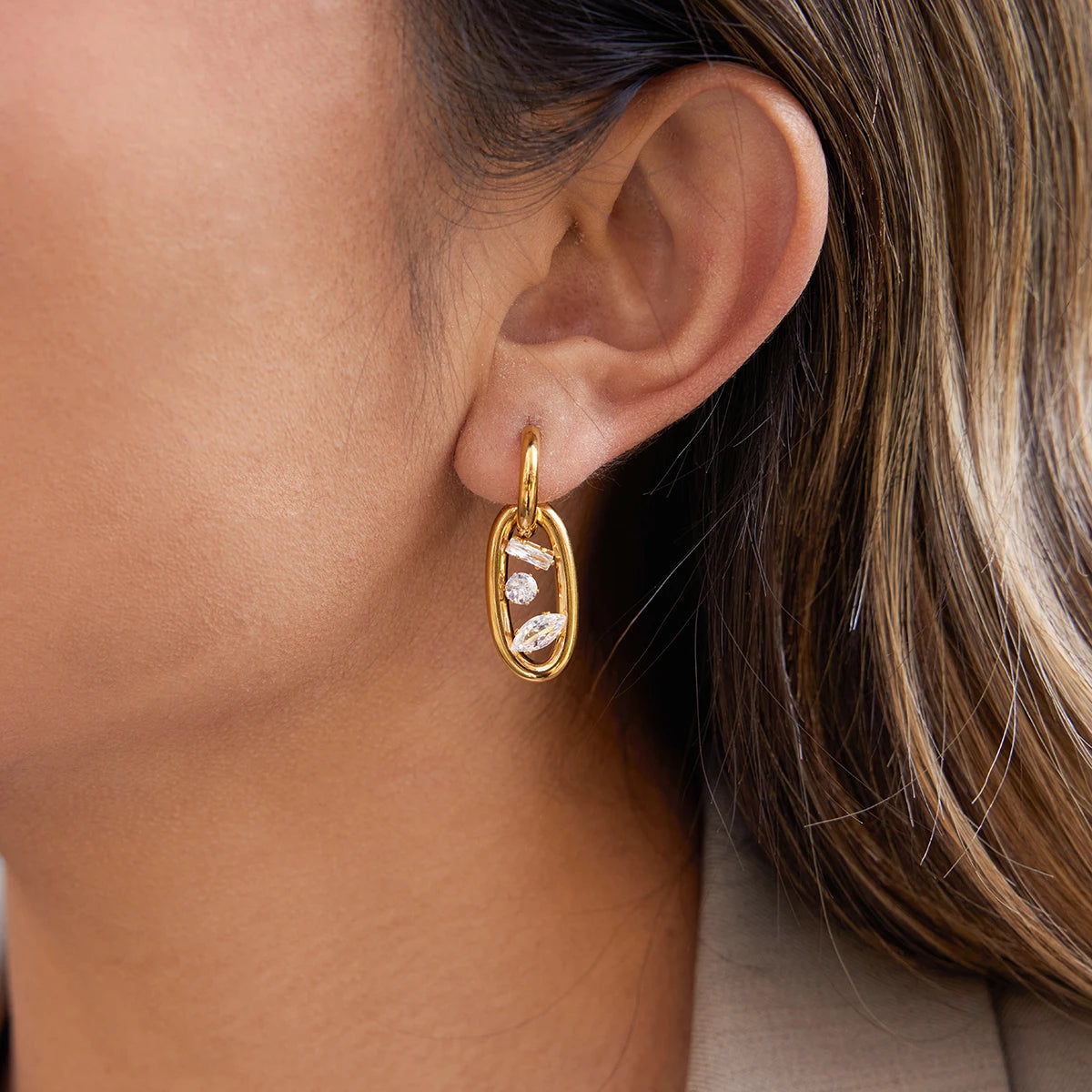 CZ Link Hoop Earrings — Stainless Steel · PS050