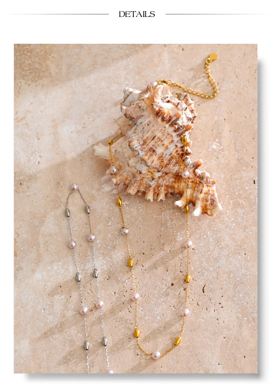 Pearl beaded geometric necklace in gold-plated stainless steel with pearl.