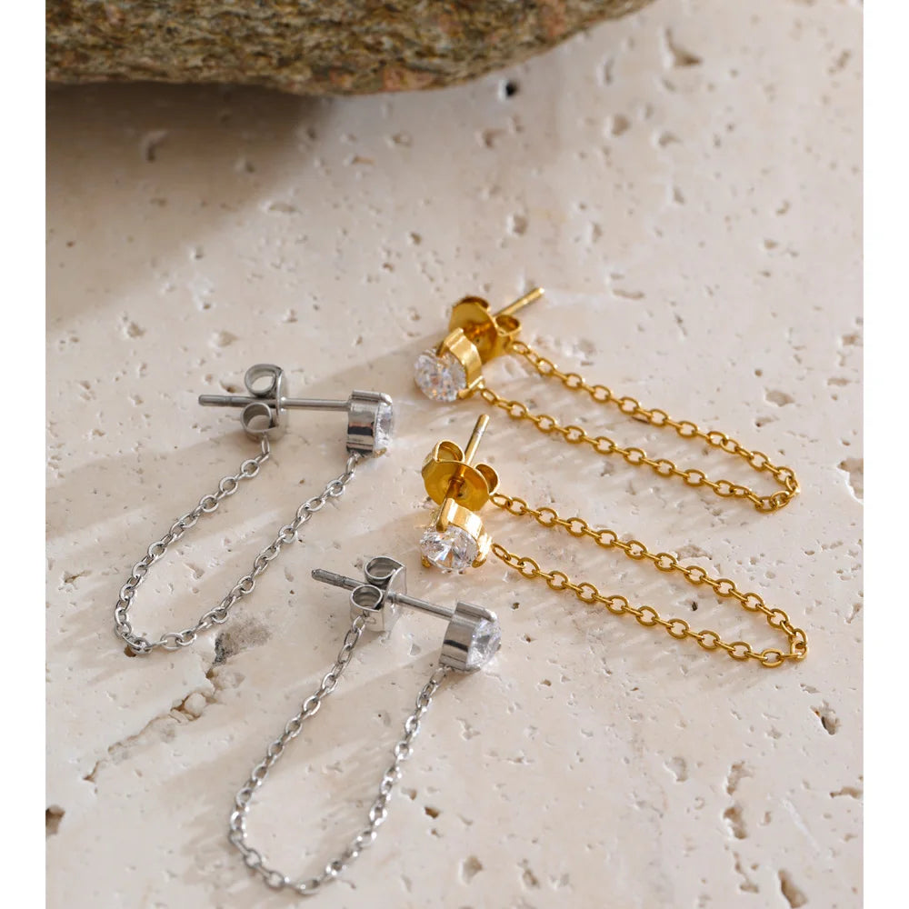 Cubic Zirconia Geometric Chain Earrings — Gold-Plated Stainless Steel with Cubic Zirconia · PS1323