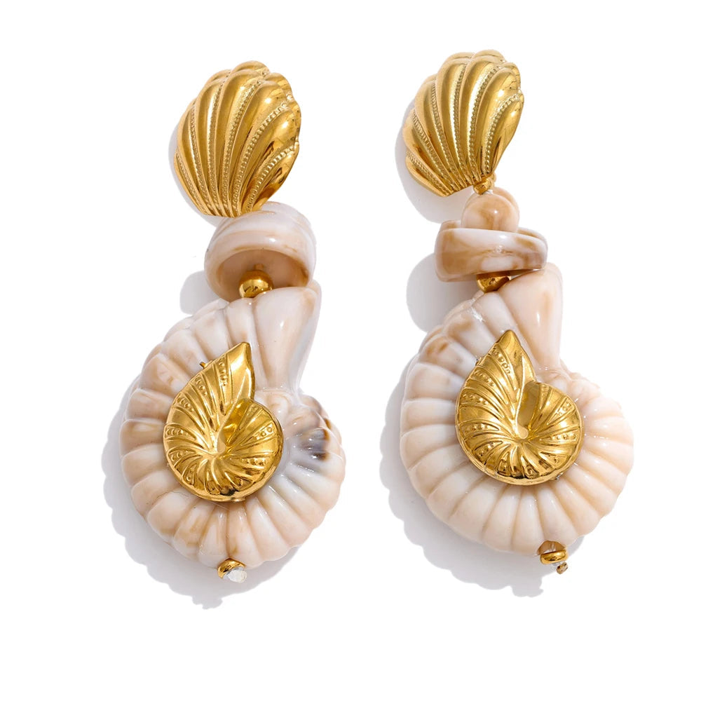 Gold-plated stainless steel earrings with shell and resin detailing.