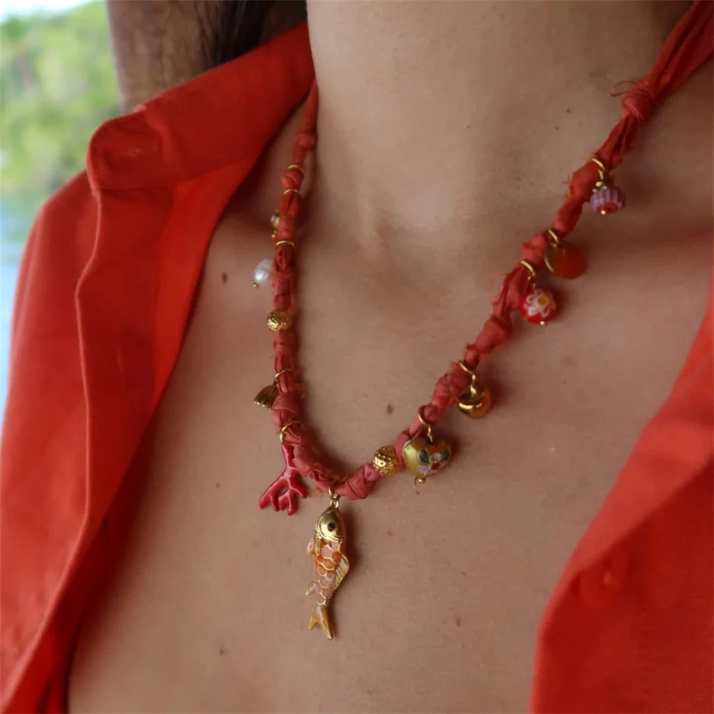 Beach Vacation Dopamine Necklace Coral Pearl Little Fish DIY Necklace Women Gold Plated Color Preserved