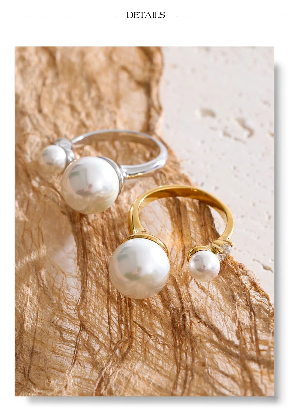 Cubic zirconia pearl geometric ring in 18K gold-plated stainless steel with pearl and cubic zirconia.