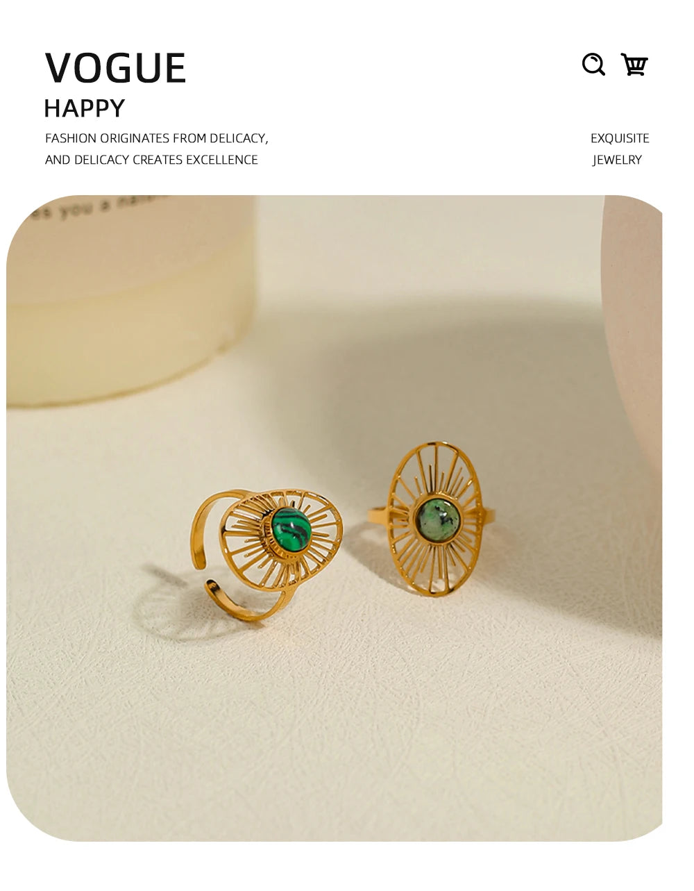 Sun Natural Stone Hollow Ring — 316L Stainless Steel · PS443