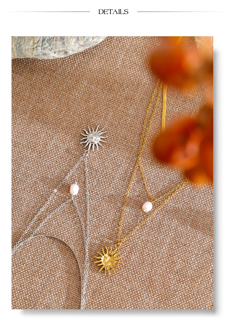 Freshwater pearl sun geometric necklace in gold-plated stainless steel with freshwater pearl.