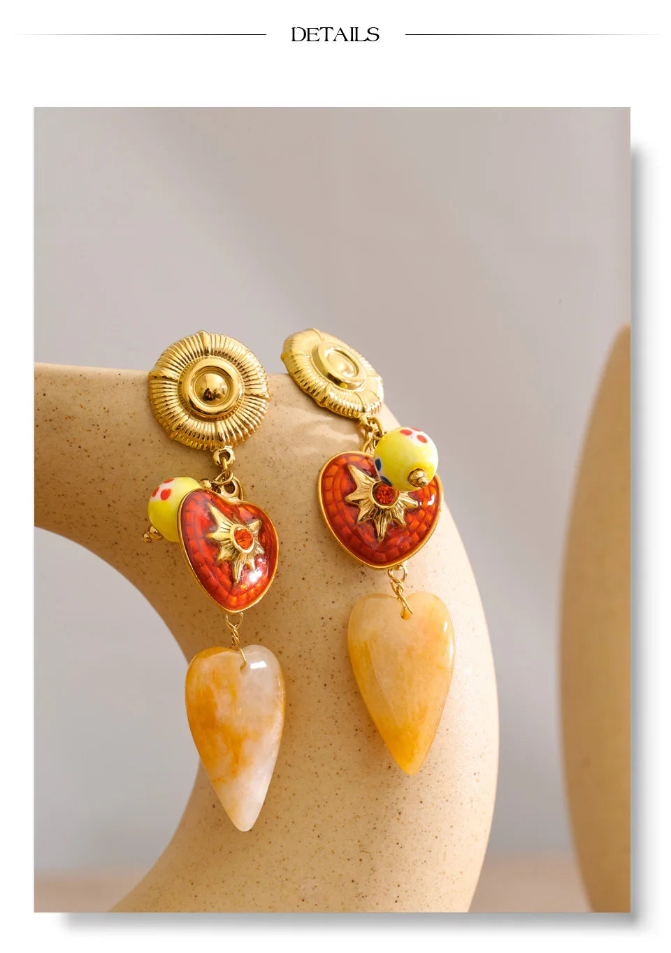 Enamel Natural Stone Heart Earrings — Gold-Plated Stainless Steel with Natural Stone and Enamel · PS1075