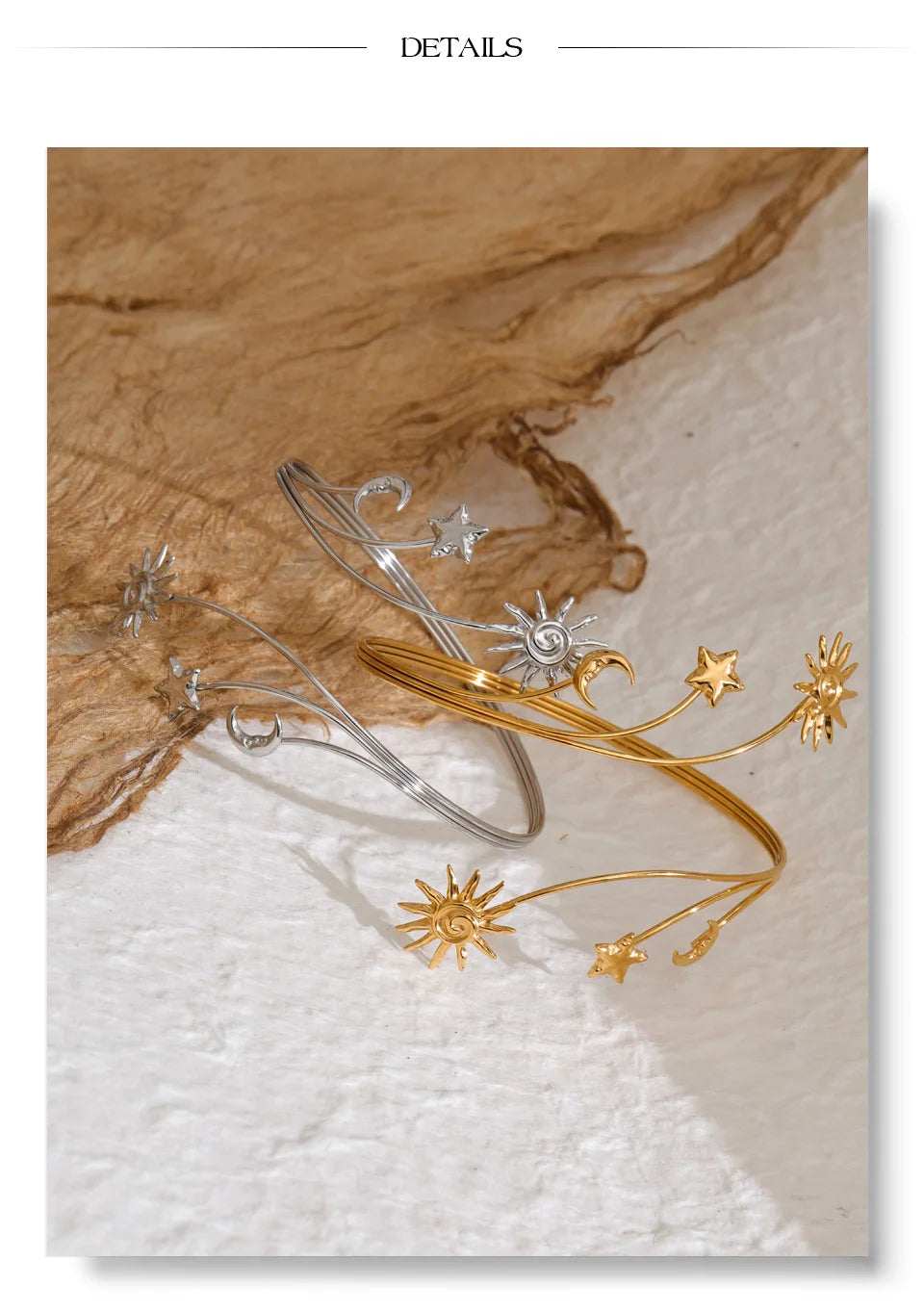 Star moon sun bracelet in gold-plated stainless steel.