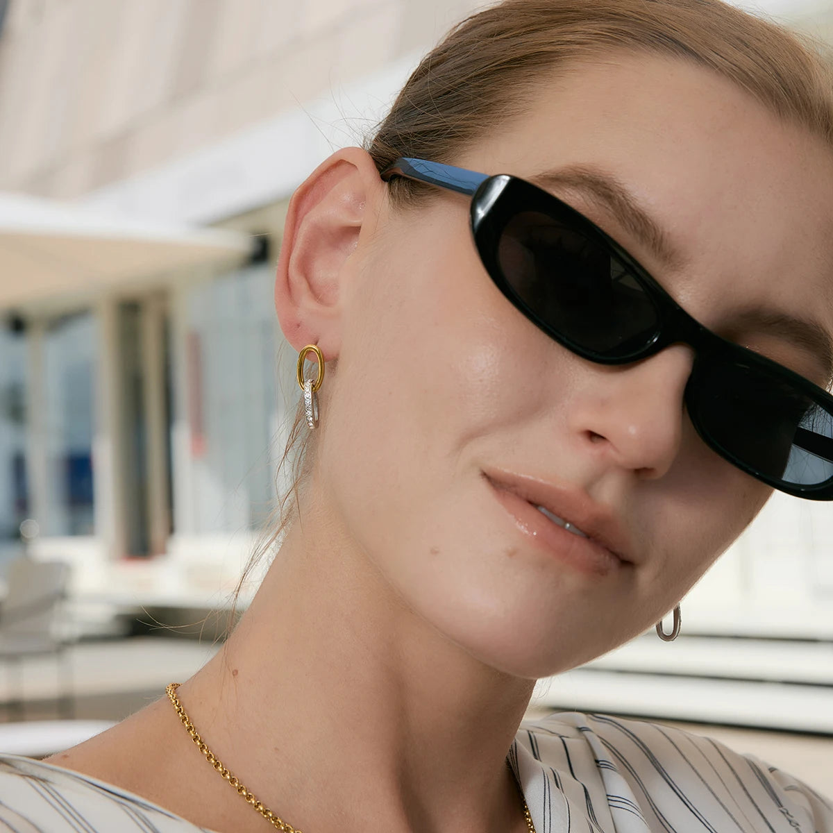 Two-Tone CZ Link Drop Earrings — Stainless Steel · PS126