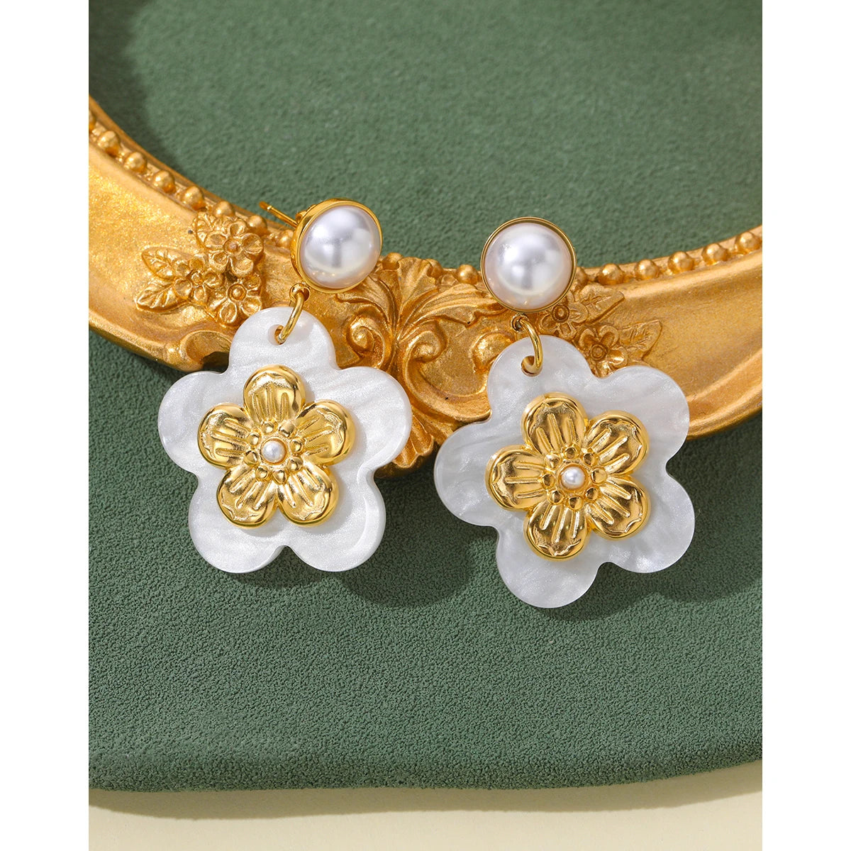 Drop Earrings Acrylic Flower Pearl — 316L Stainless Steel · PS391
