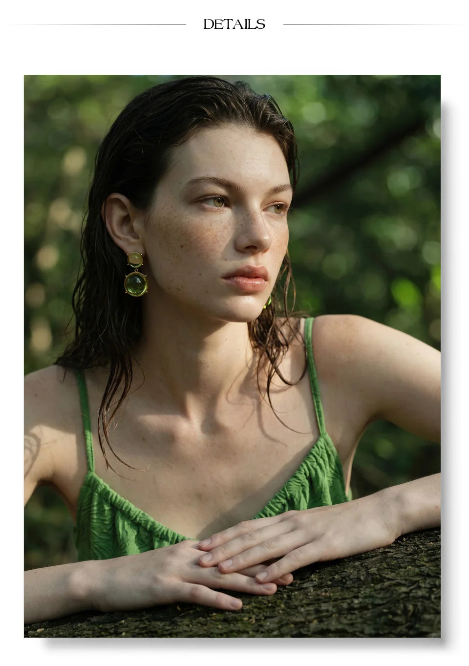 Green resin acrylic earrings in gold-plated stainless steel with resin and acrylic.