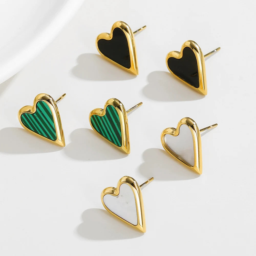 Stud Earrings Heart Vintage Green Natural Stone — 316L Stainless Steel · PS422