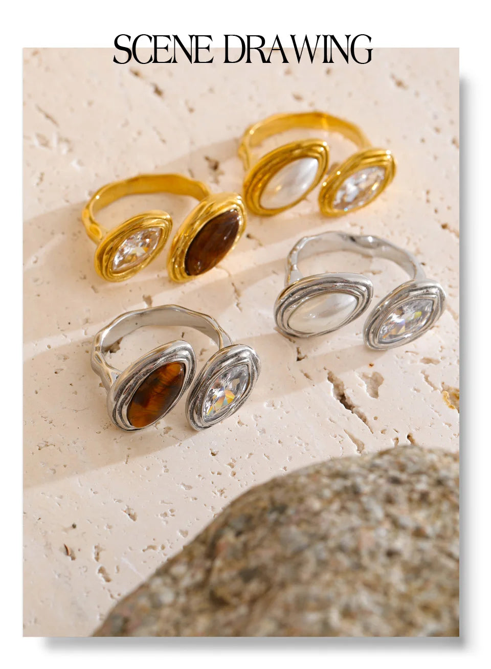 Cubic zirconia geometric ring in 18K gold-plated stainless steel with cubic zirconia.