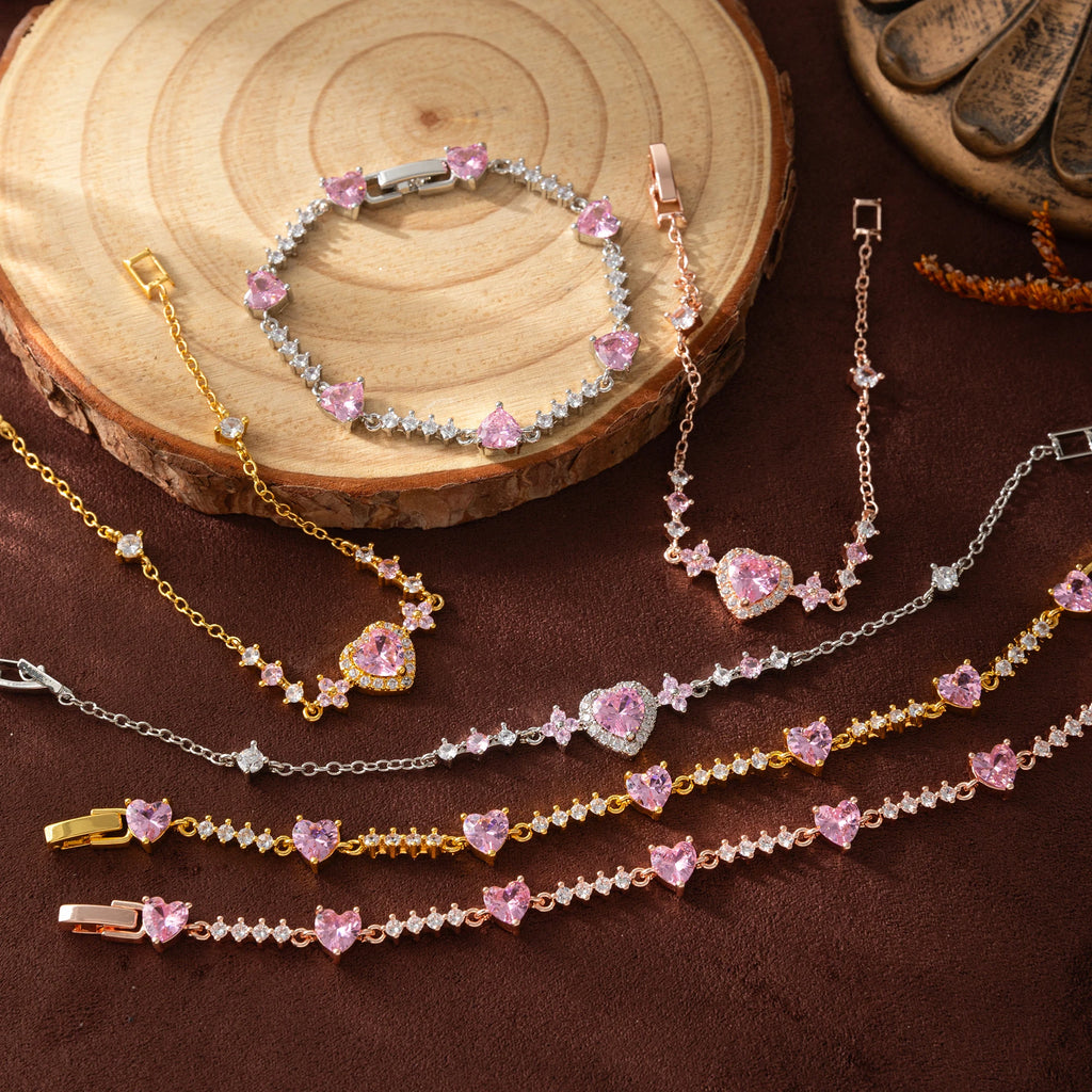 Pink Heart Crystal Bracelet for Women 18K Gold Plated Copper Chain Romantic Love Jewelry Gift for Girlfriend Valentine's Day