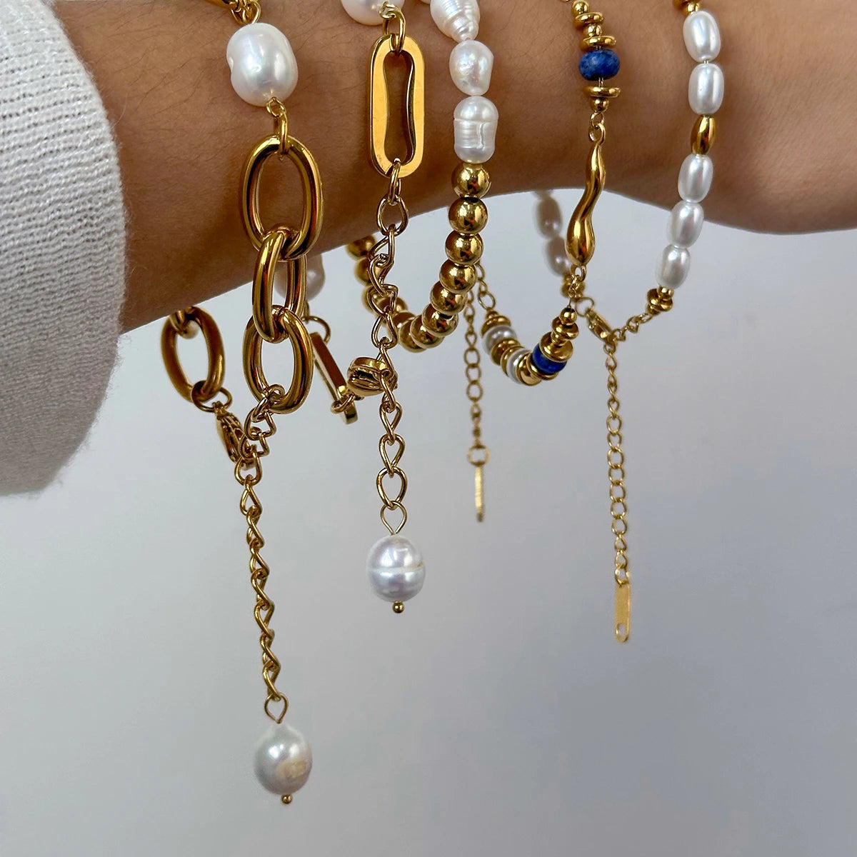Pearl Chain Bracelet Stack — Stainless Steel · PS025