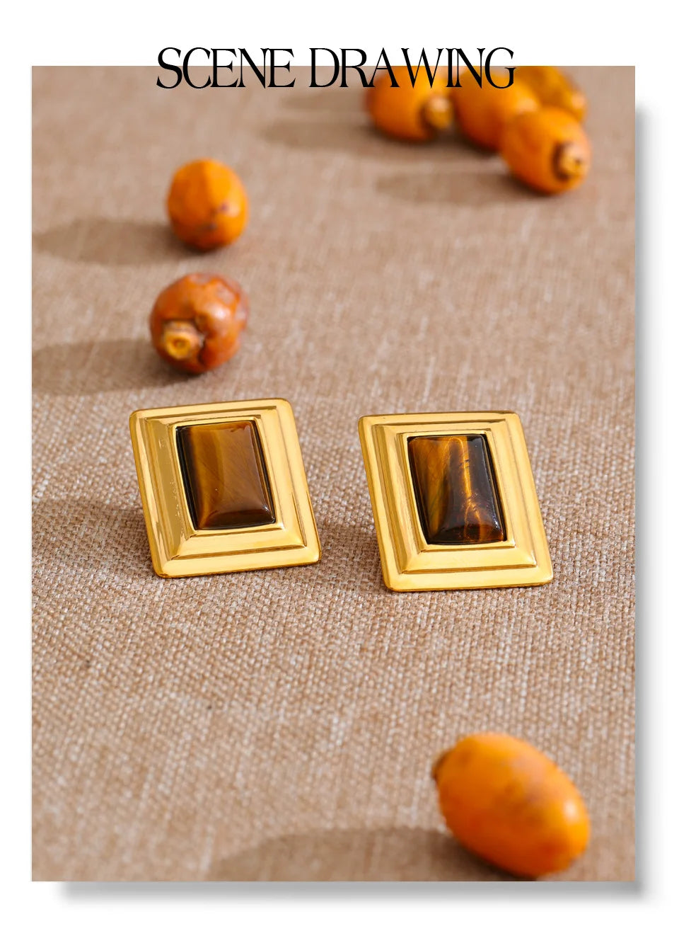 Natural stone geometric earrings in gold-plated stainless steel with natural stone.
