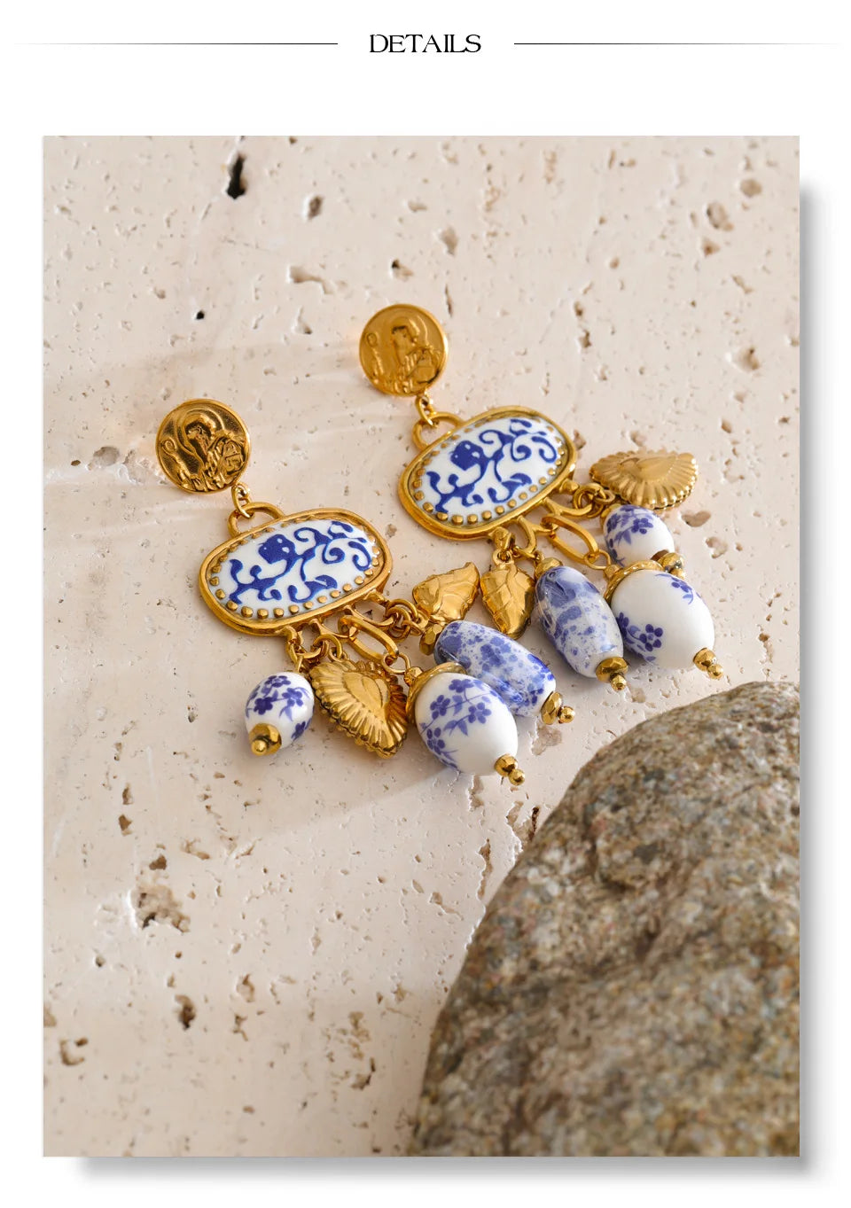 Blue heart flower earrings in gold-plated stainless steel.