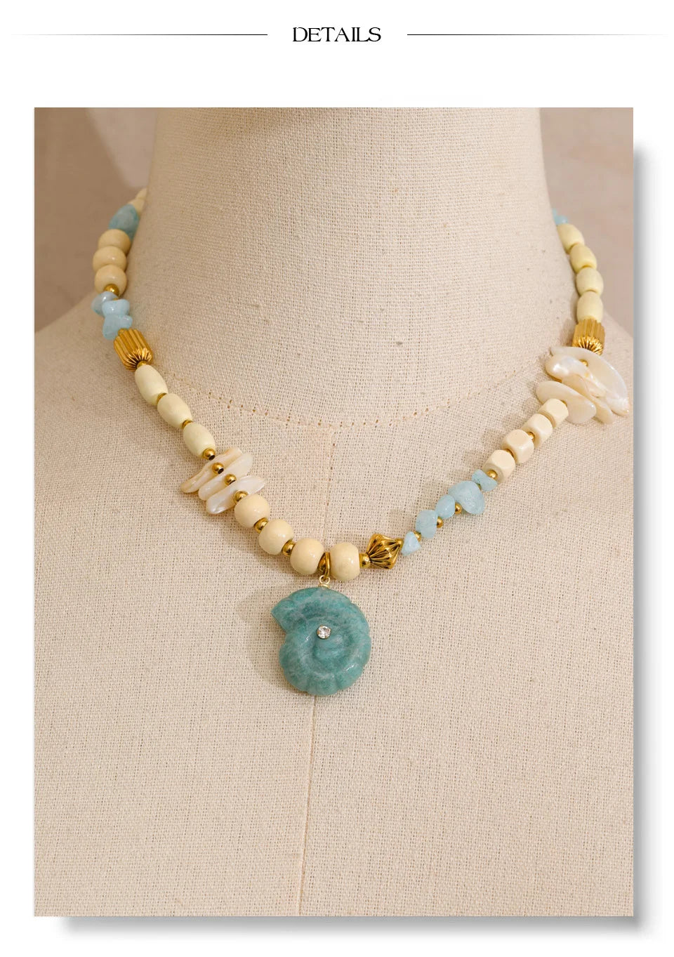 Shell natural stone beaded necklace in gold-plated stainless steel with natural stone and shell.