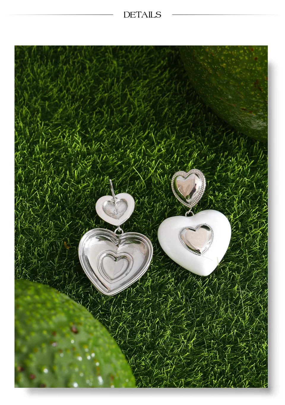White enamel heart earrings in gold-plated stainless steel with enamel.